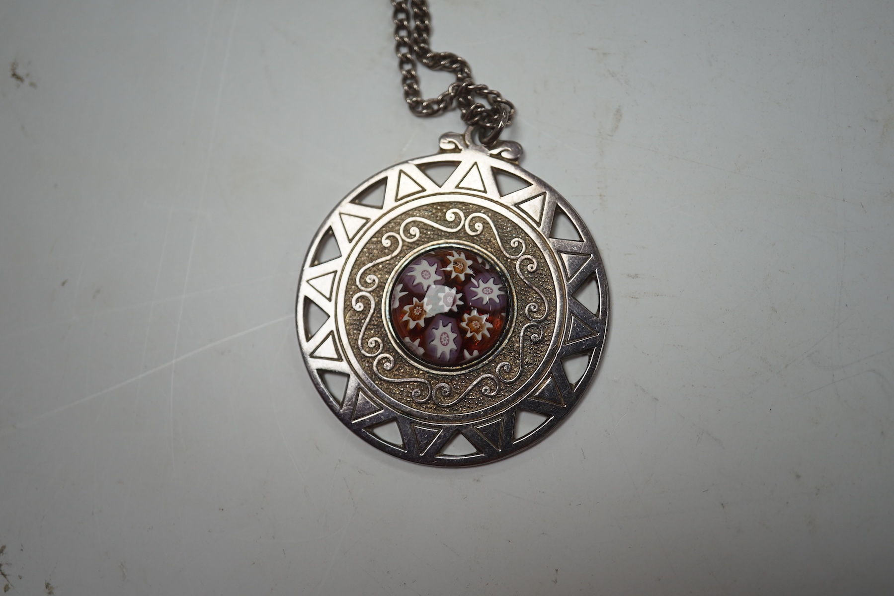Two modern Caithness silver brooches/pendants, 39mm and 38mm and a silver cloak pin. Condition - good